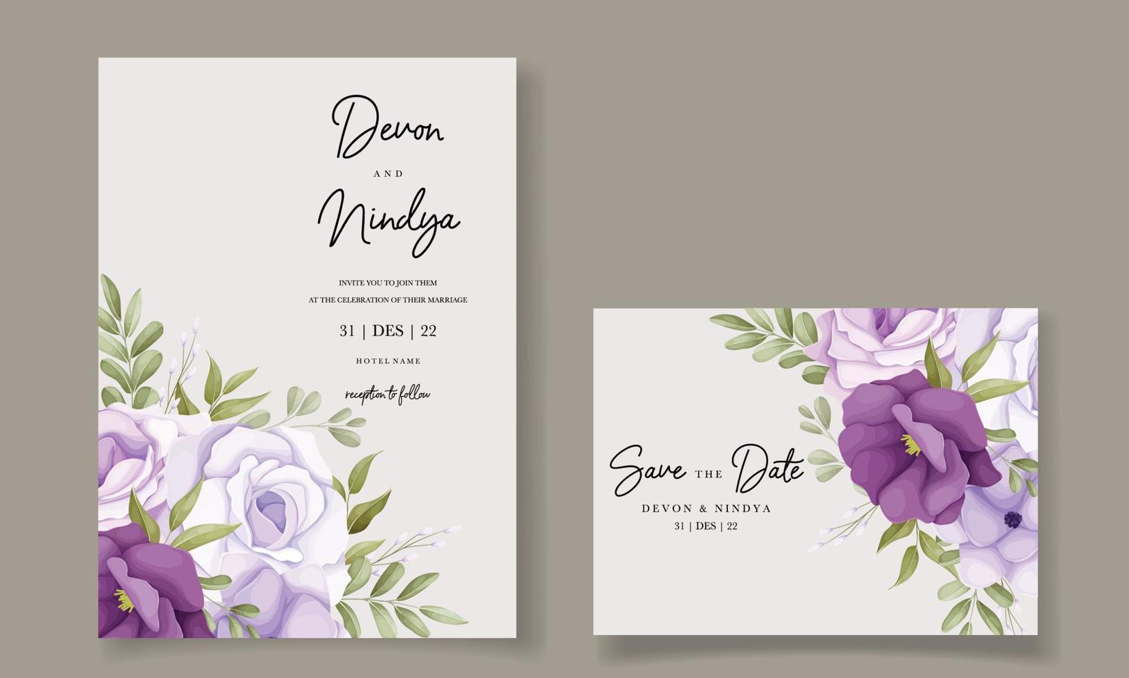 bellissimo viola fiore nozze invito carta design vettore