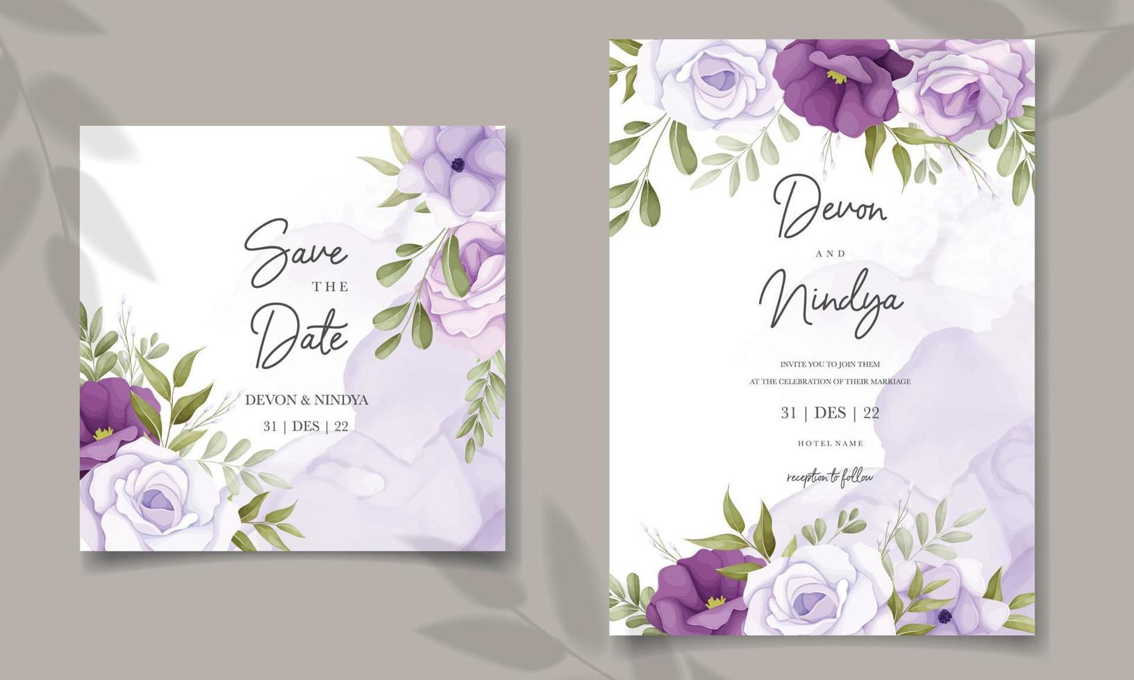 bellissimo viola fiore nozze invito carta design vettore