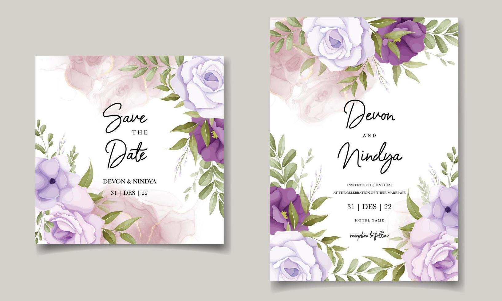 bellissimo viola fiore nozze invito carta design vettore