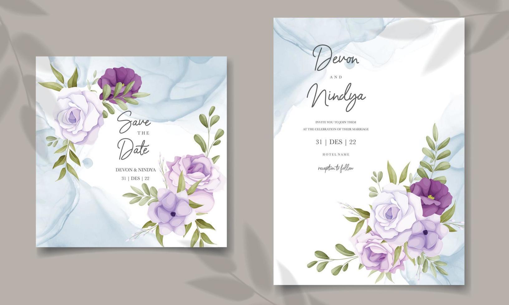 bellissimo viola fiore nozze invito carta design vettore