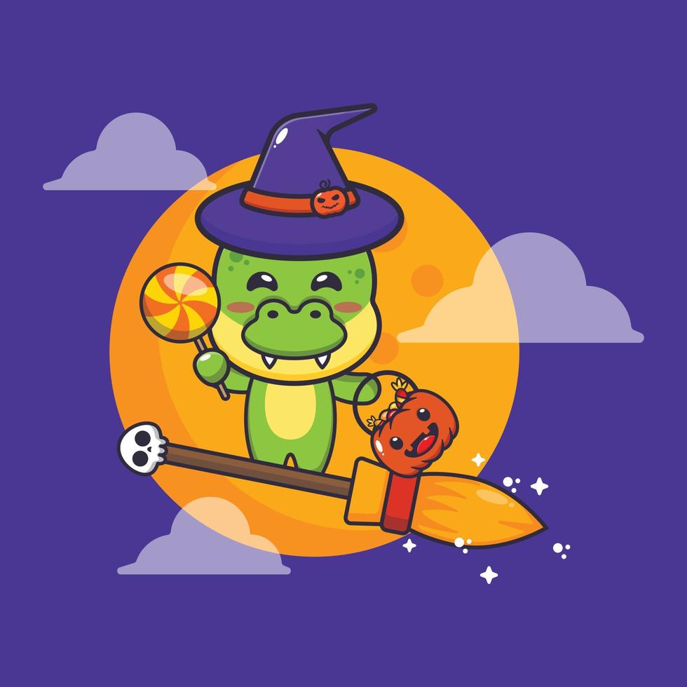 carino strega dino volare con scopa nel Halloween notte. carino Halloween cartone animato illustrazione. vettore