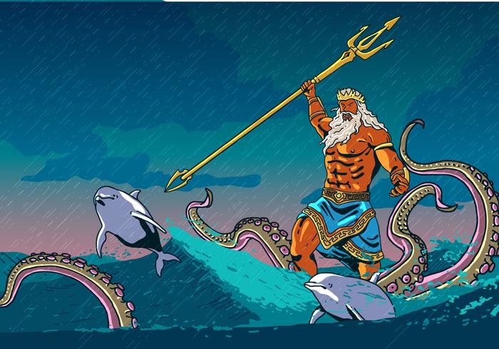 Poseidon con animali del mare vettore