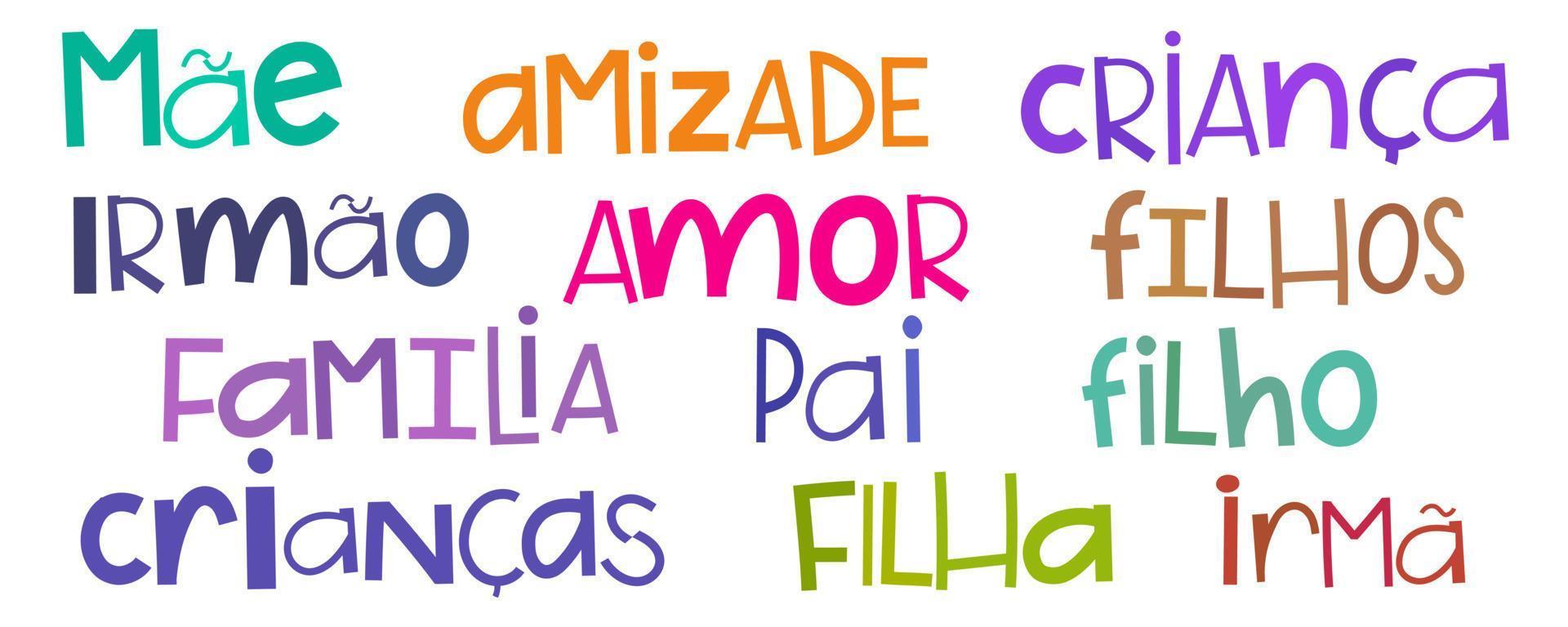 famiglia parole con irregolare colorato bambini lettere nel brasiliano portoghese. traduzione - madre, amicizia, bambino, fratello, amore, figli maschi, famiglia, padre, figlio, figli, figlia, sorella. vettore