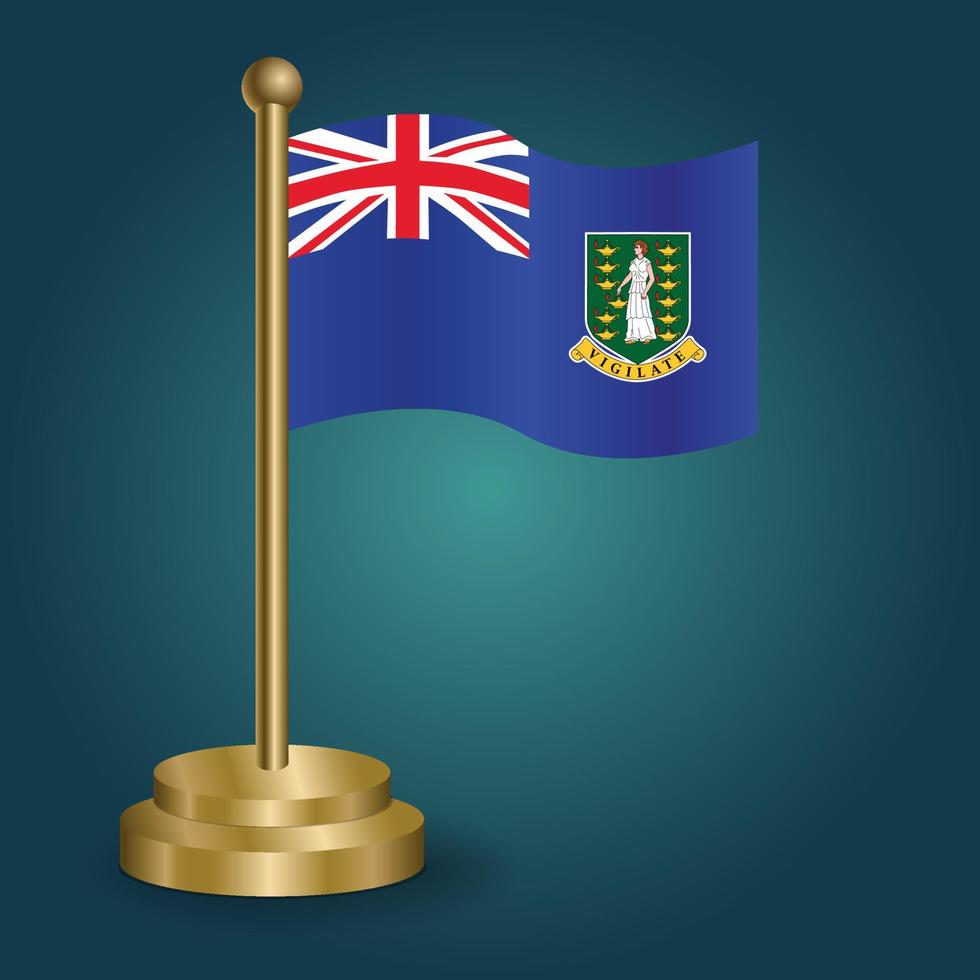 Britannico vergine isola nazionale bandiera su d'oro polo su gradazione isolato buio sfondo. tavolo bandiera, vettore illustrazione