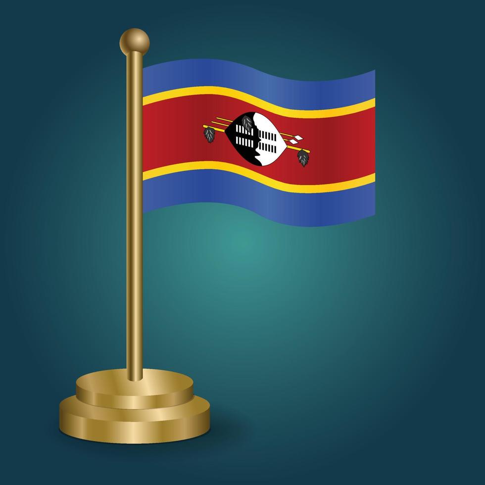 Swaziland nazionale bandiera su d'oro polo su gradazione isolato buio sfondo. tavolo bandiera, vettore illustrazione