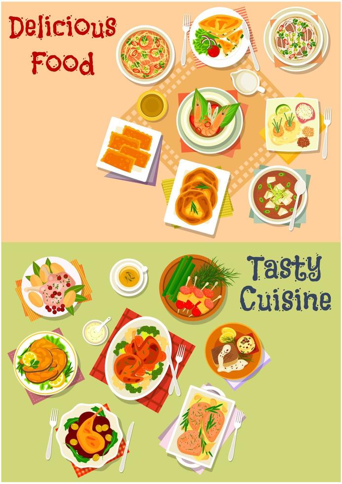 pesce e carne piatto con asiatico la minestra e Pasticcino icona vettore