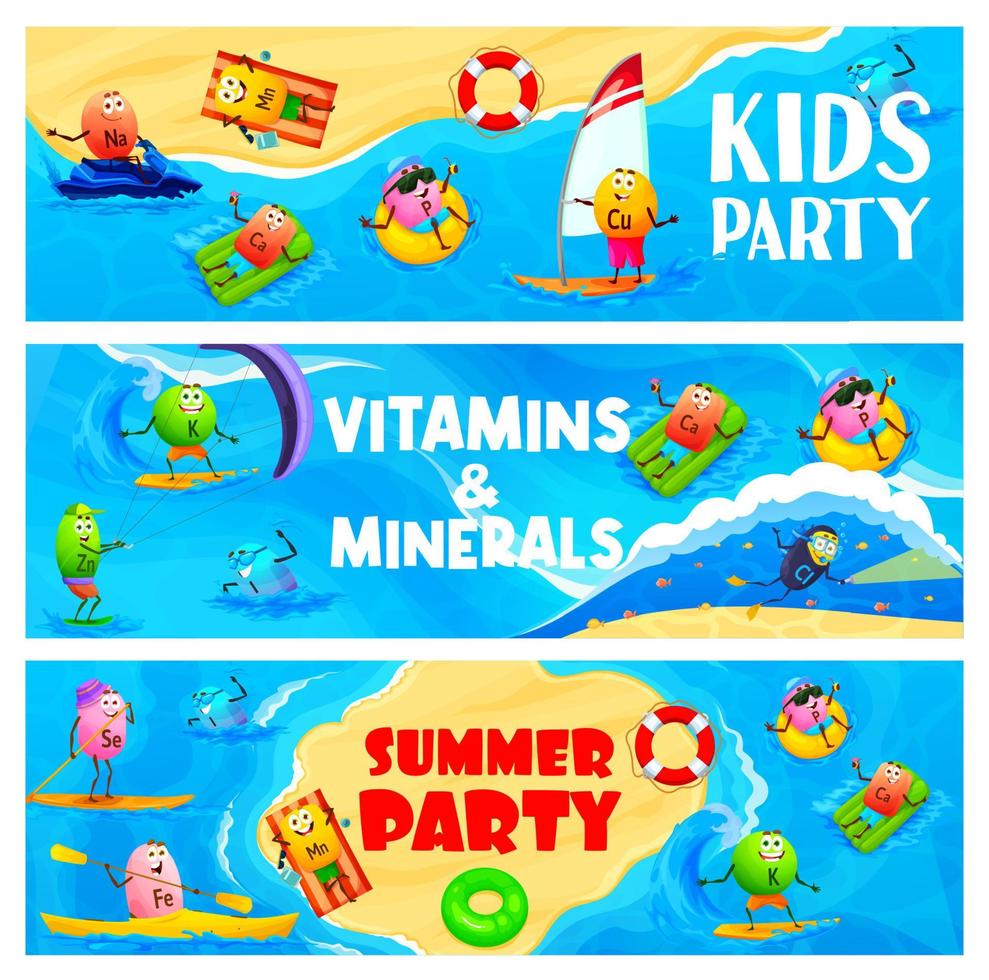 cartone animato vitamina e minerale personaggi su vacanza vettore