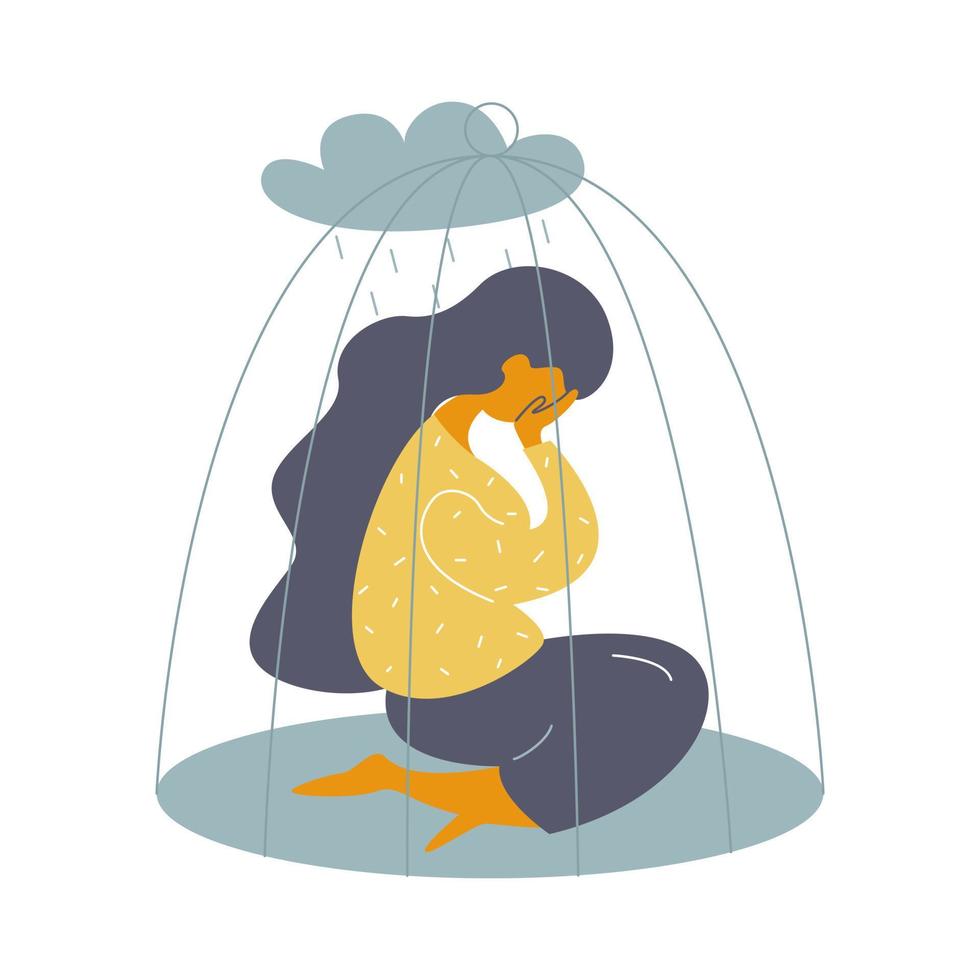 un' ragazza nel un' gabbia nel un' depresso stato. abusivo relazione concetto. vettore azione illustrazione.