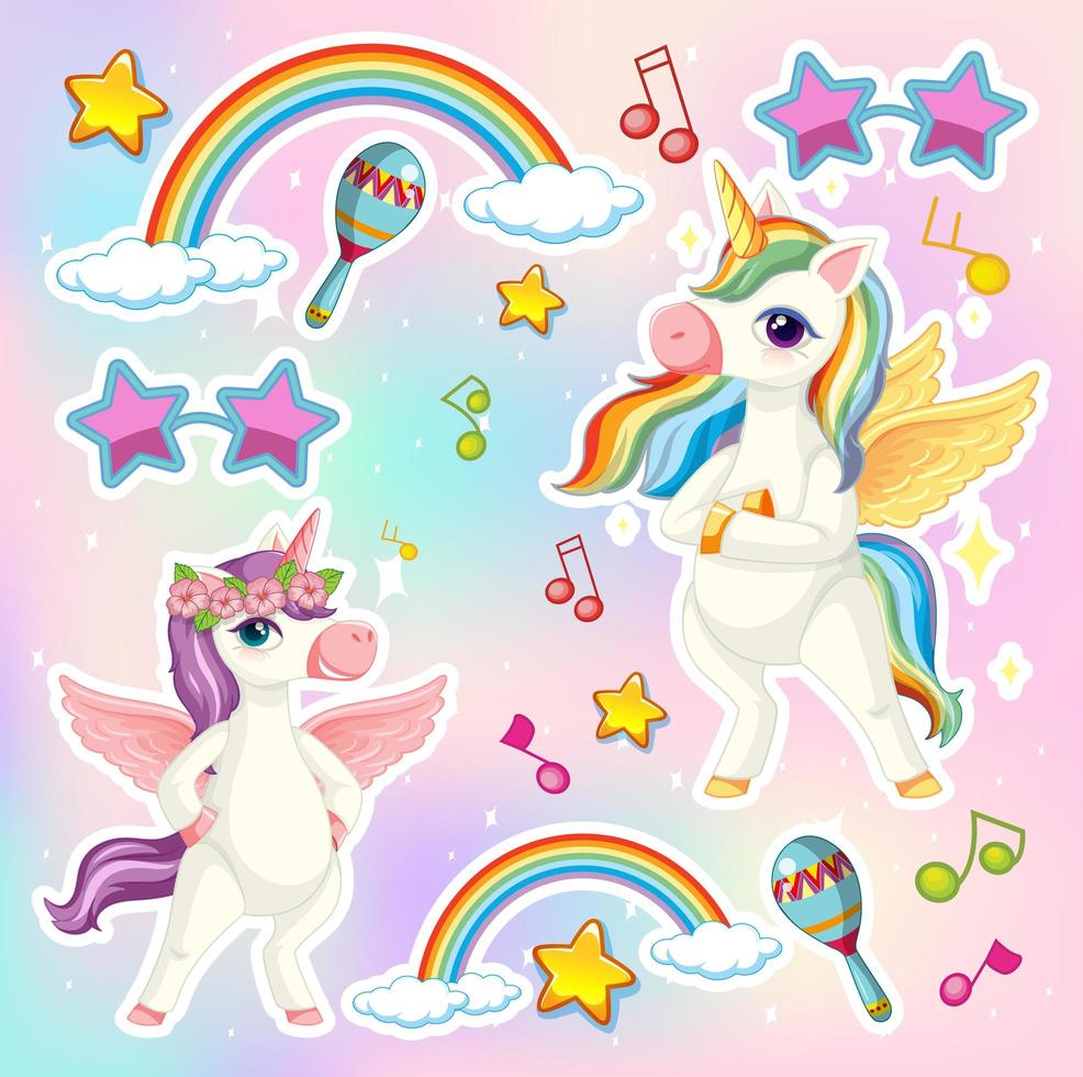 set di unicorno con icone a tema musicale vettore