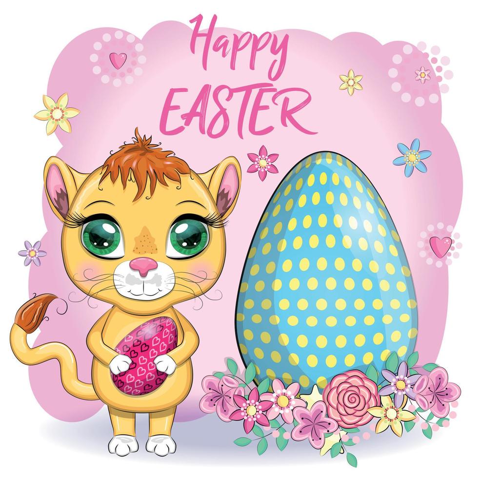 cartone animato Leone con Pasqua uovo. personaggio con bellissimo occhi, infantile. Pasqua vacanza, saluto carta vettore