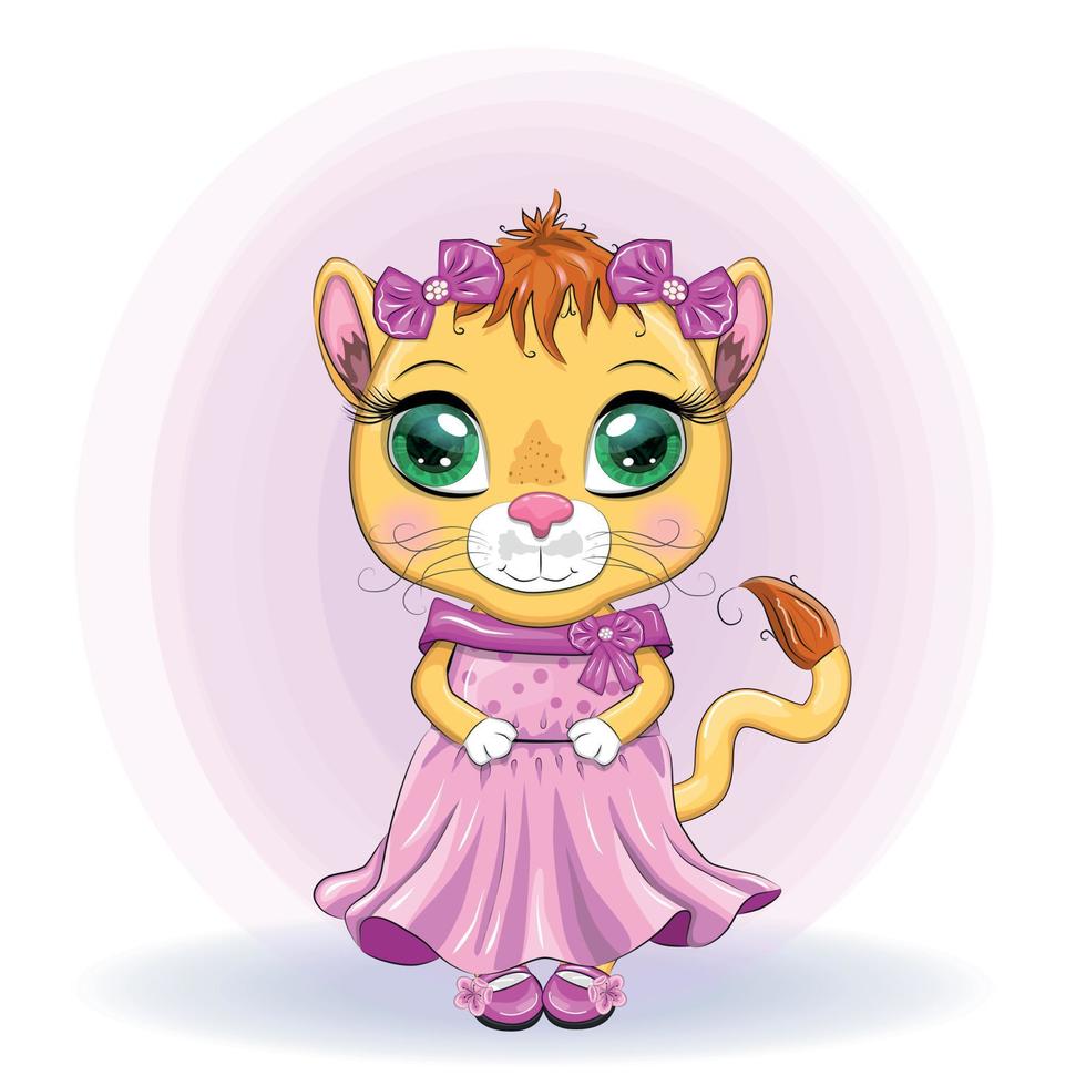 cartone animato leonessa nel un' bellissimo vestito con fiocchi e fiori. ragazza carattere, selvaggio animale con umano tratti vettore