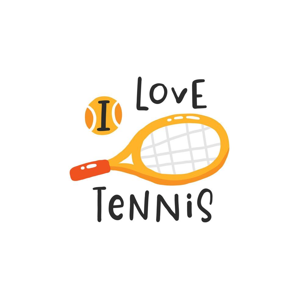 io amore tennis. tennis citazioni, carino emblema mano disegnato lettering impostare. positivo credo con gli sport elemento, tennis racchette, palle e un' cap. vettore illustrazione