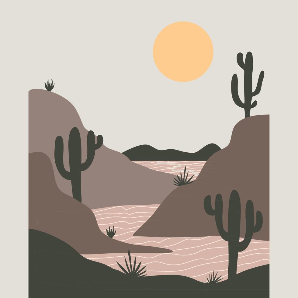 deserto paesaggio a tramonto con cactus e montagna su tramonto. deserto montagna vettori. vettore