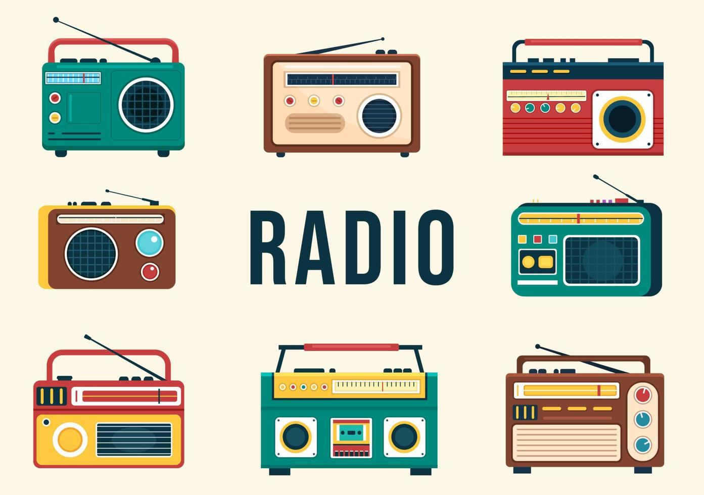 Radio giocatore per disco, parlare mostrare, interviste celebrità e ascoltando per musica nel modello mano disegnato cartone animato piatto stile illustrazione vettore