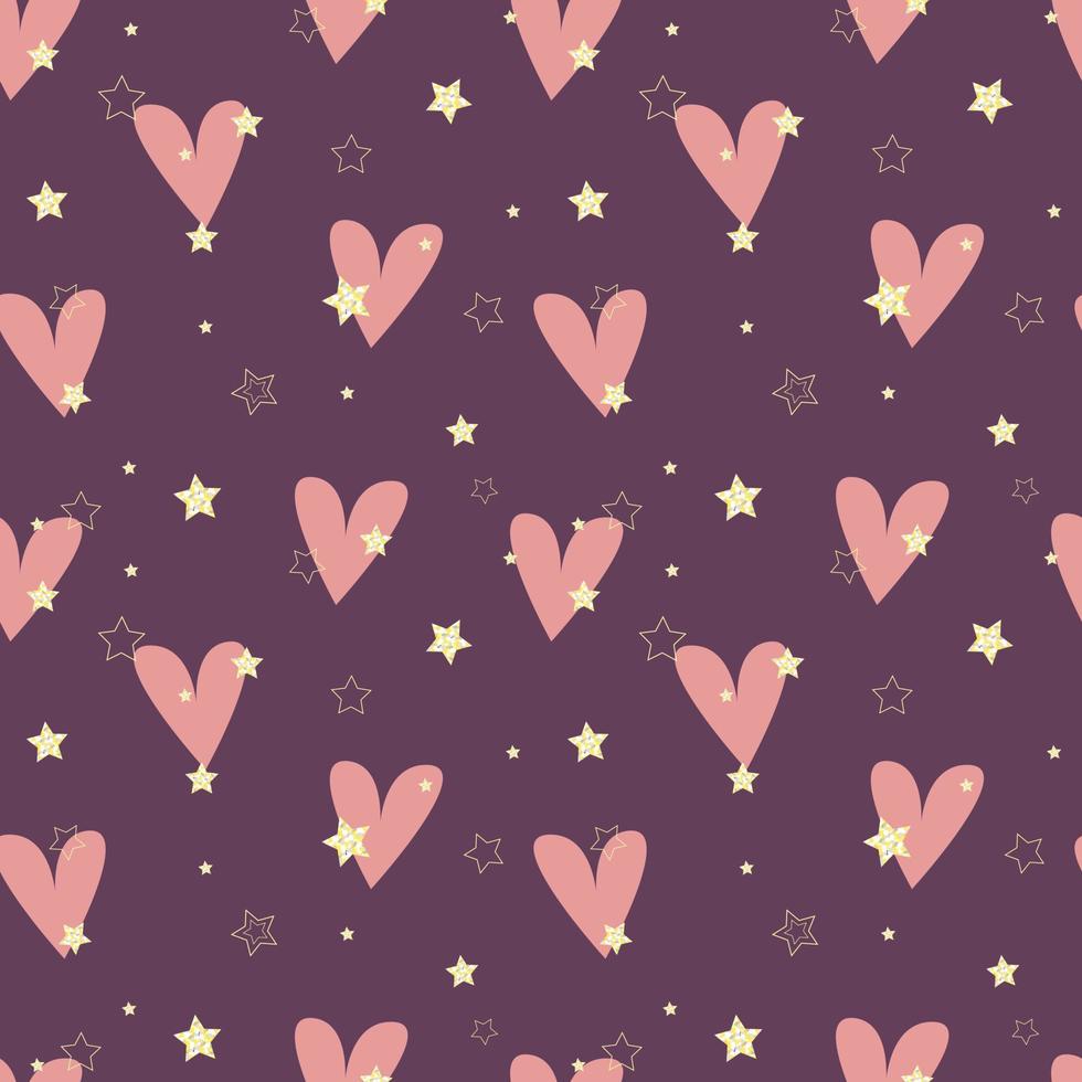 modello amore e passione. brillante oro stelle e rosa cuori su viola sfondo. san valentino giorno sfondo. vettore