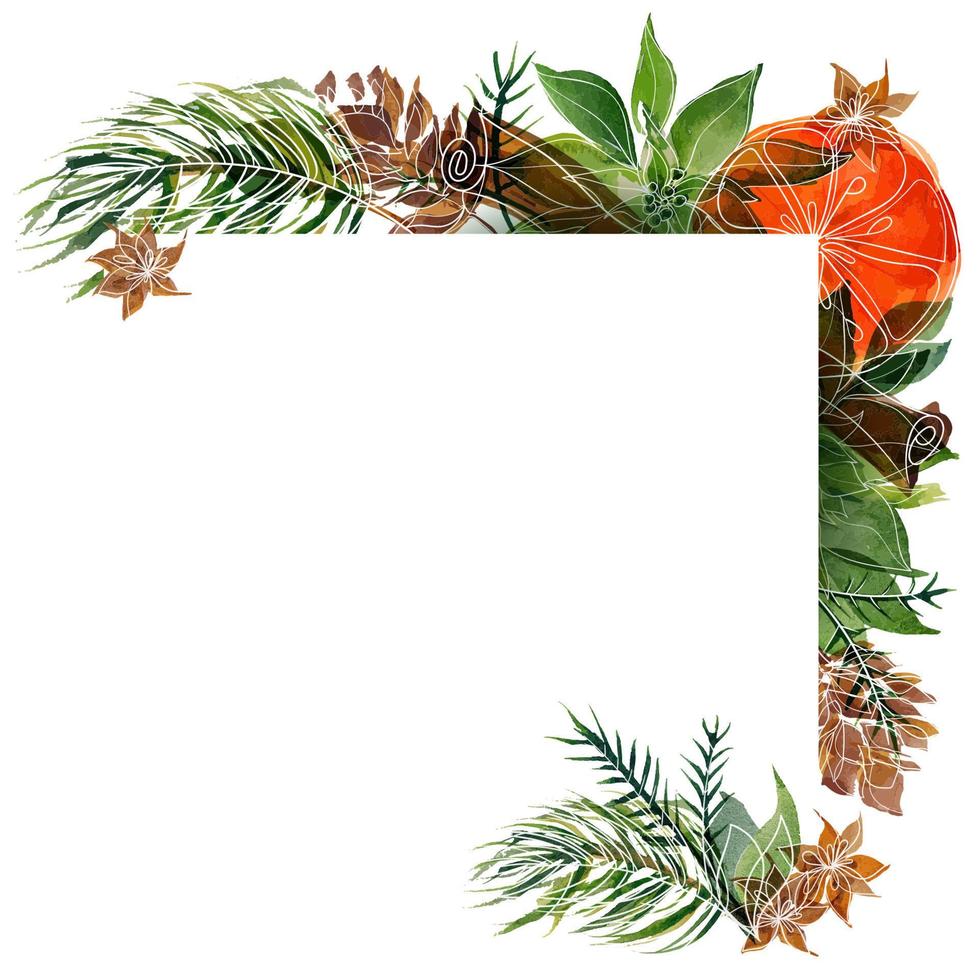cornice ad acquerello di natale con pino e stella di Natale e spezie arance e invernali vettore