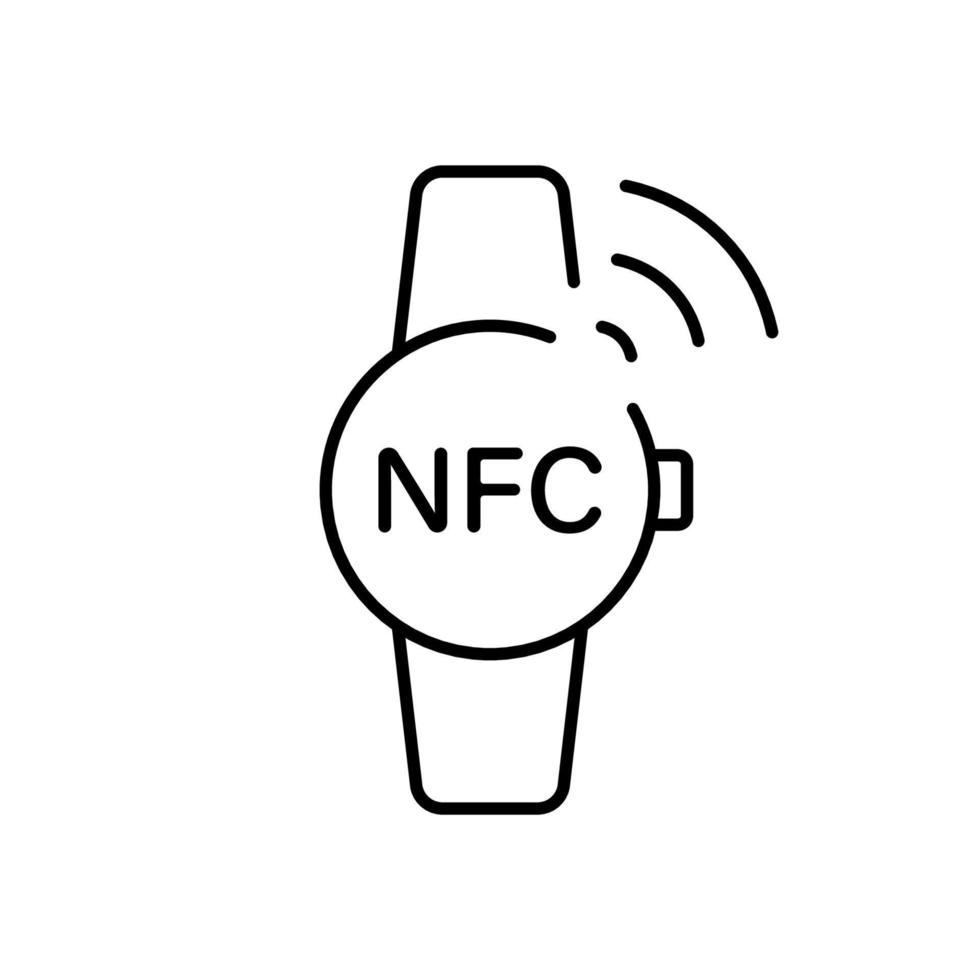 orologio intelligente con nfc tecnologia senza fili Acquista orologio linea icona. mano braccialetto pos senza soldi pagare pittogramma. nfc pagamento inteligente orologio schema icona. modificabile ictus. isolato vettore illustrazione.