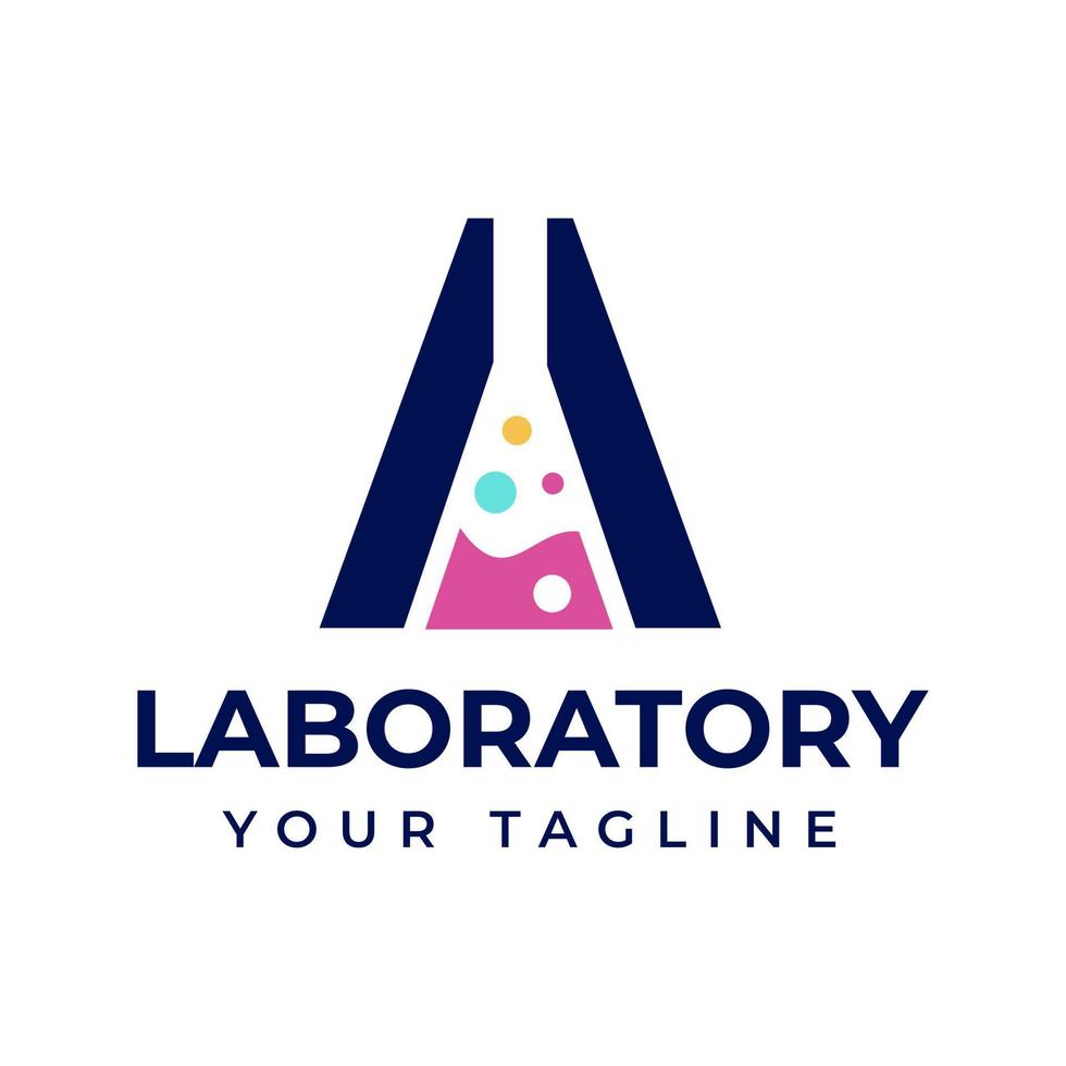 lettera un' colorato bolla bottiglia scienza laboratorio, può essere Usato per attività commerciale, scienza, Salute, medico, laboratorio, chimica, e natura loghi. logo design vettore icona grafico emblema illustrazione