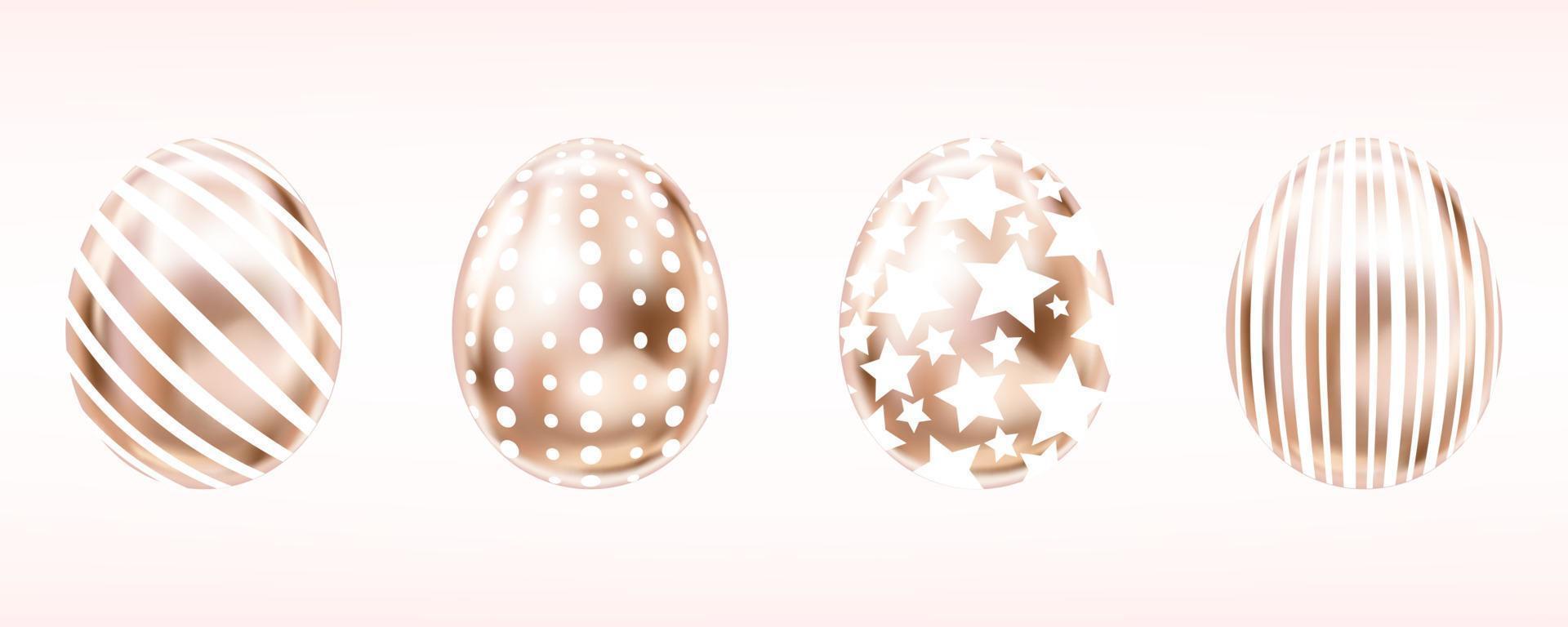 quattro occhiata metallico uova nel rosa colore con bianca strisce, puntini e stelle. isolato oggetti per Pasqua vettore