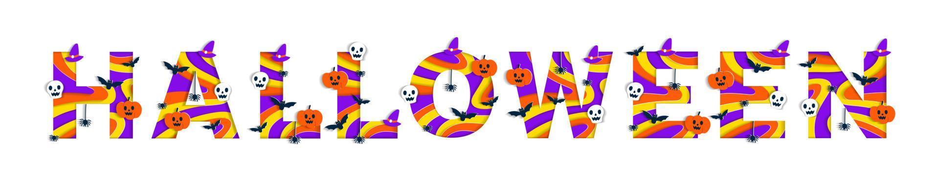 contento Halloween alfabeto festa font tipografia personaggio cartone animato spaventoso orrore con colorato 3d strato carta ritagliare genere design celebrazione vettore illustrazione cranio zucca pipistrello strega cappello ragno ragnatela