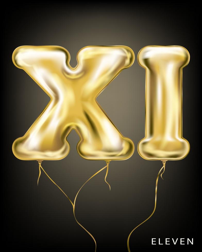 numero romano 11, forma xi palloncino in lamina d'oro su sfondo nero vettore