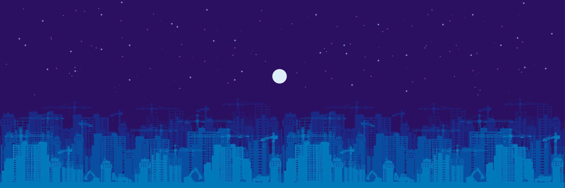 città edificio paesaggio notte. sagome grattacieli sotto costruzione con gru contro sfondo buio cielo con stelle e vettore Luna.