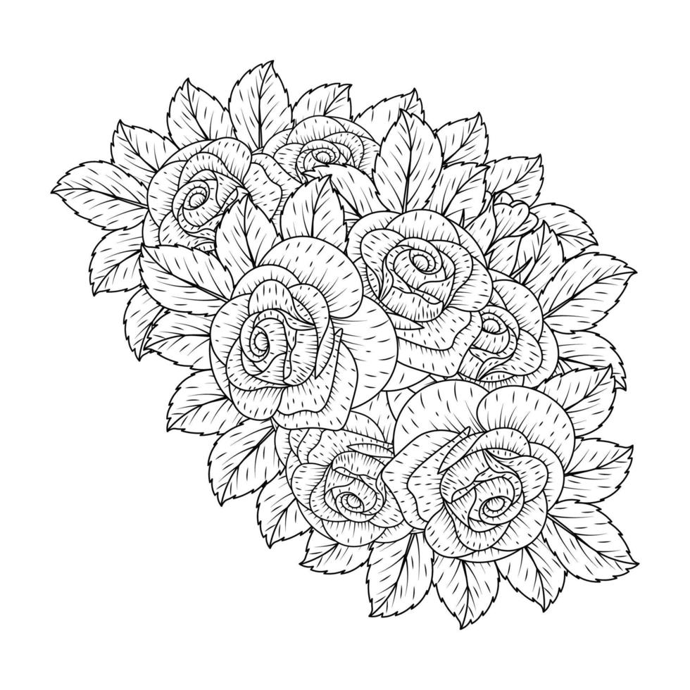 mano disegnato floreale mazzo con Rose e le foglie zentangle colorazione pagina con decorativo facile schizzi vettore