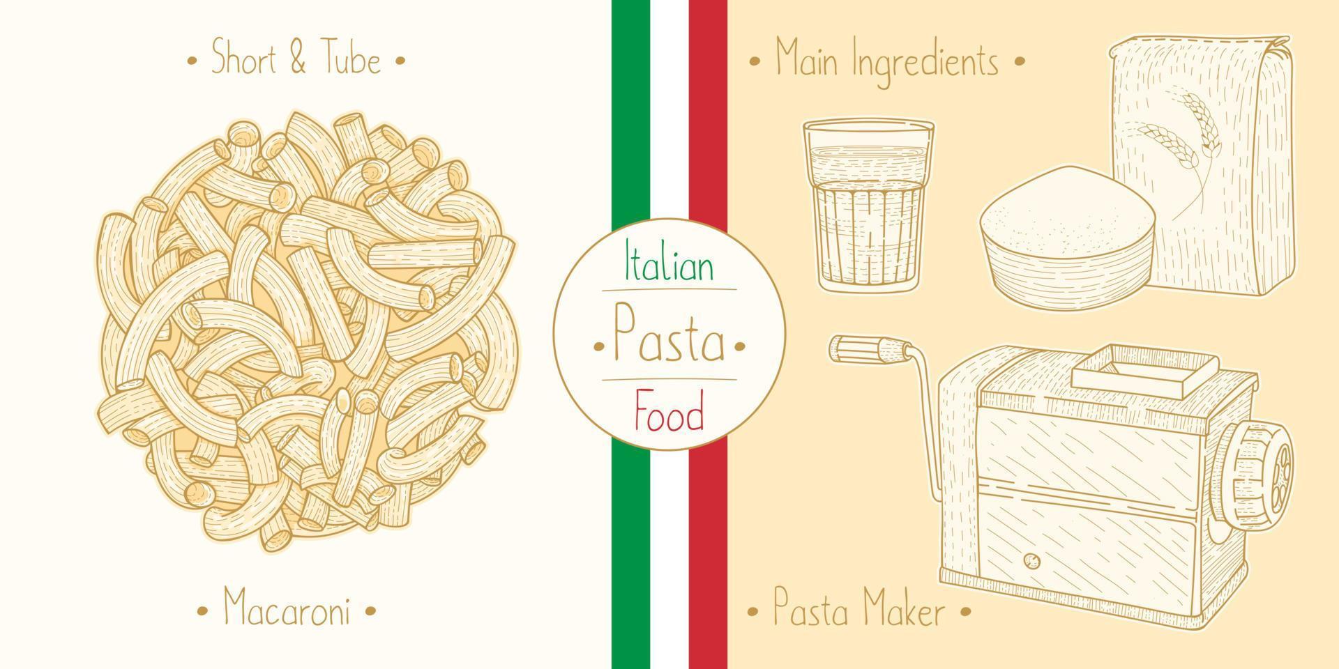 cucinando italiano cibo a forma di gomito pasta alias maccheroni, ingredienti e attrezzatura vettore