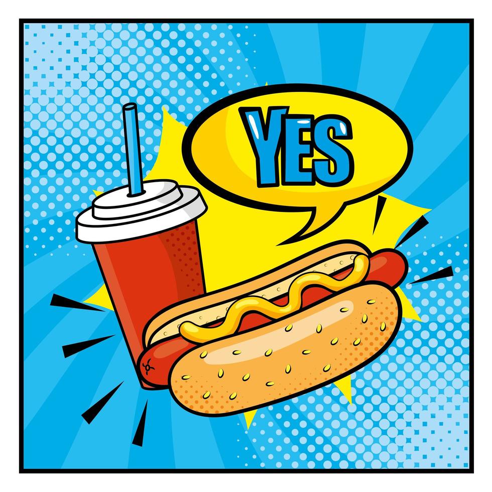 hot dog in stile pop-art e tazza di soda vettore
