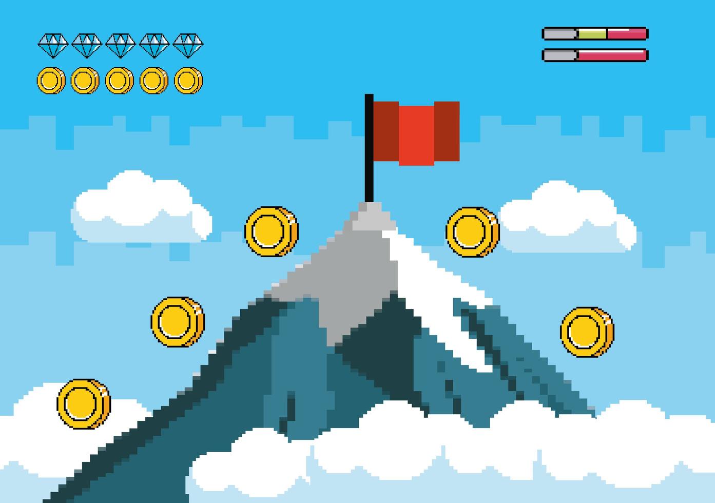 montagna innevata con una bandiera rossa e monete pixel art vettore
