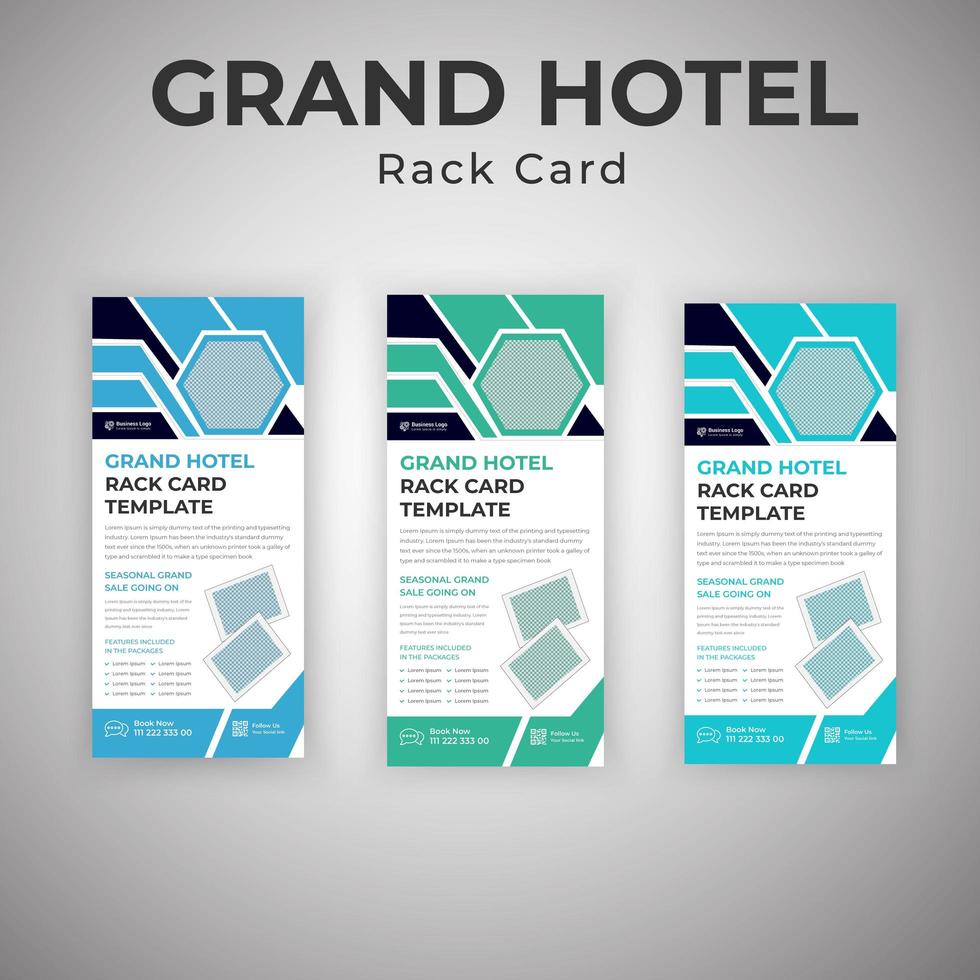 servizi di grand hotel blu e verde che pubblicizzano carte rack vettore