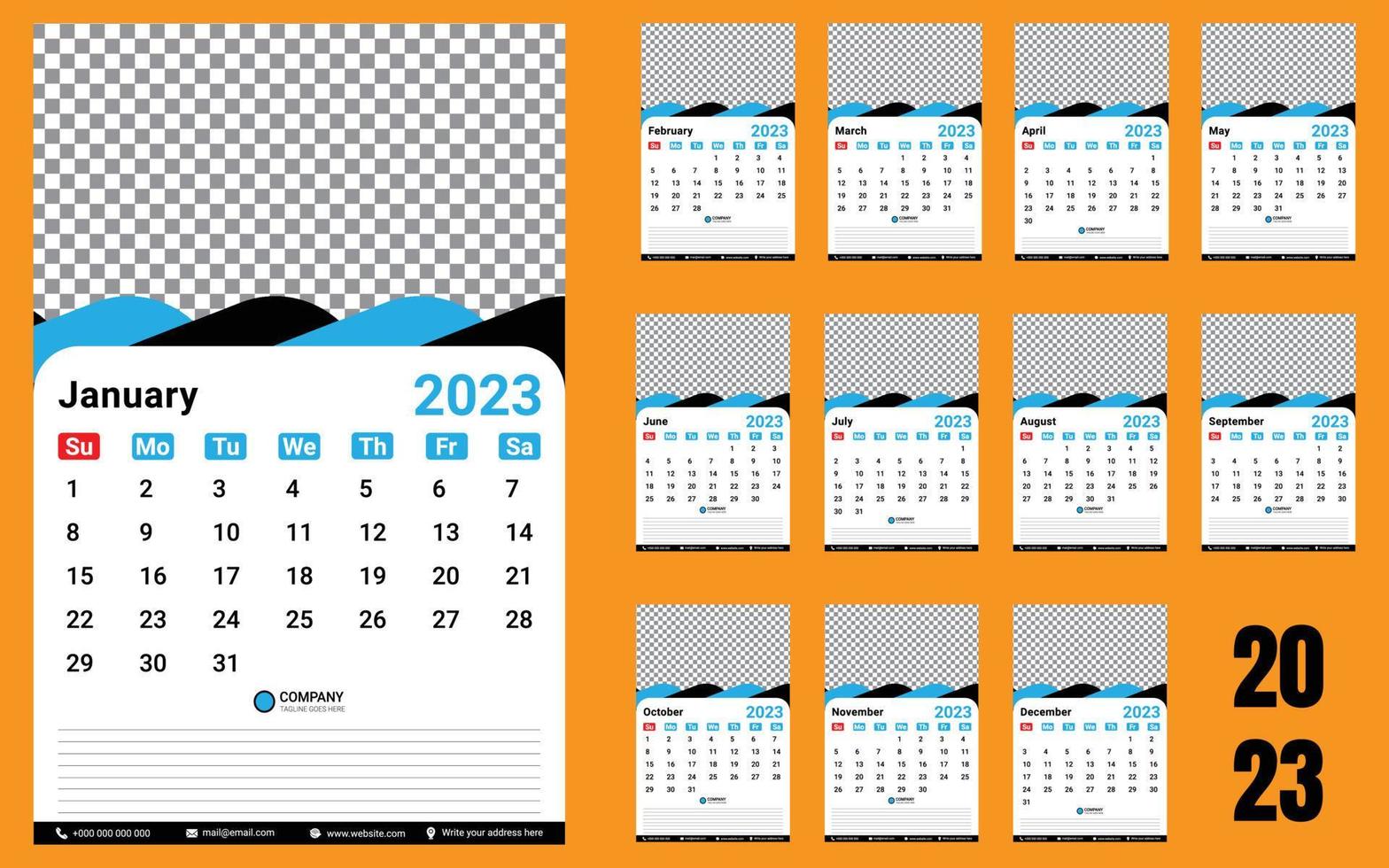 calendario per 2023, 2023 calendario, 2023 manifesto calendario vettore