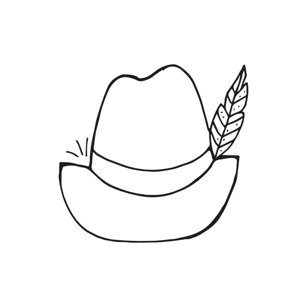 oktoberfest 2022 - festa della birra. cappello di contorno doodle disegnato a mano con una piuma su sfondo bianco. festa tradizionale tedesca. vettore