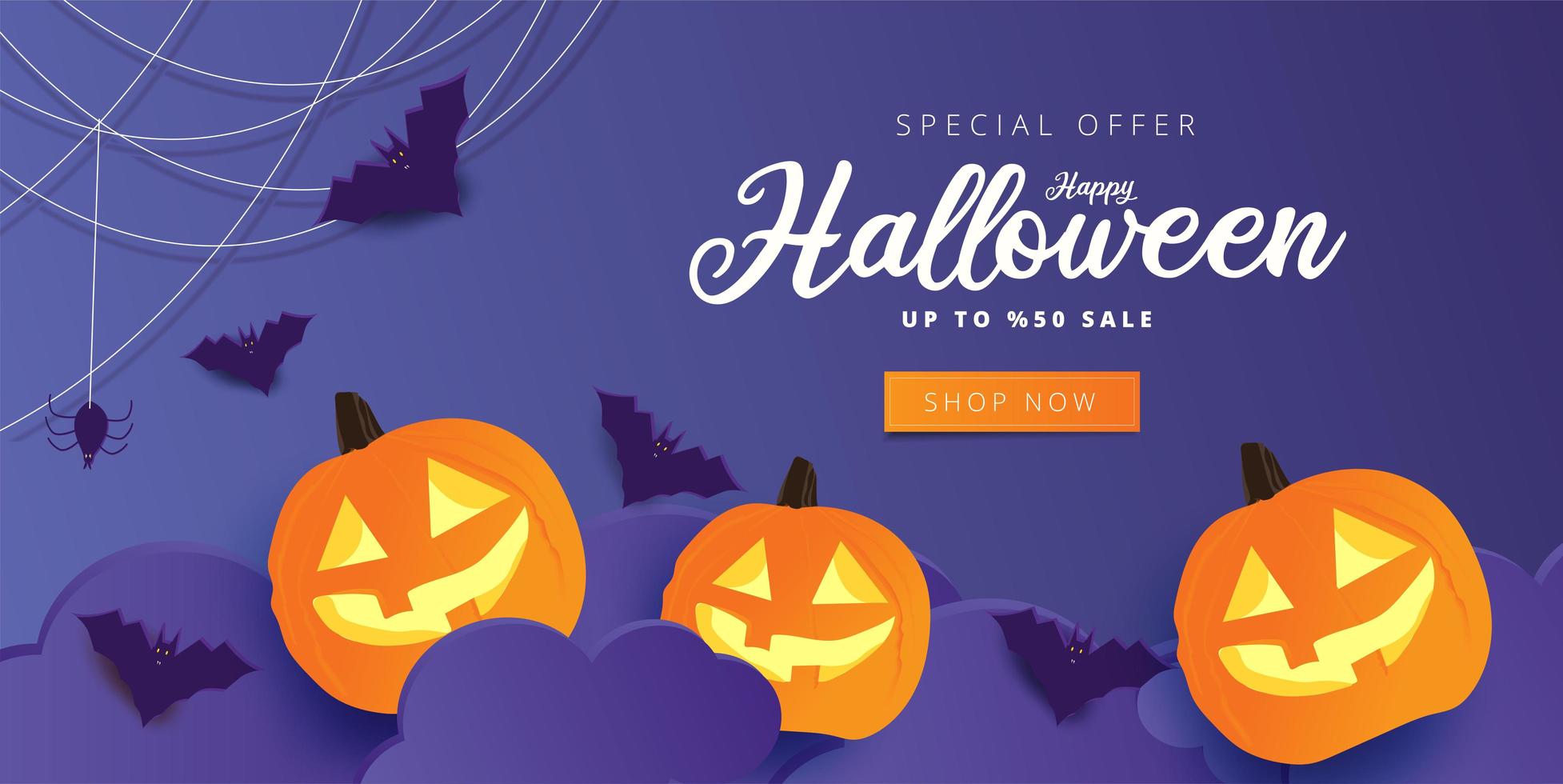 felice banner di vendita viola di halloween con zucche e pipistrelli vettore