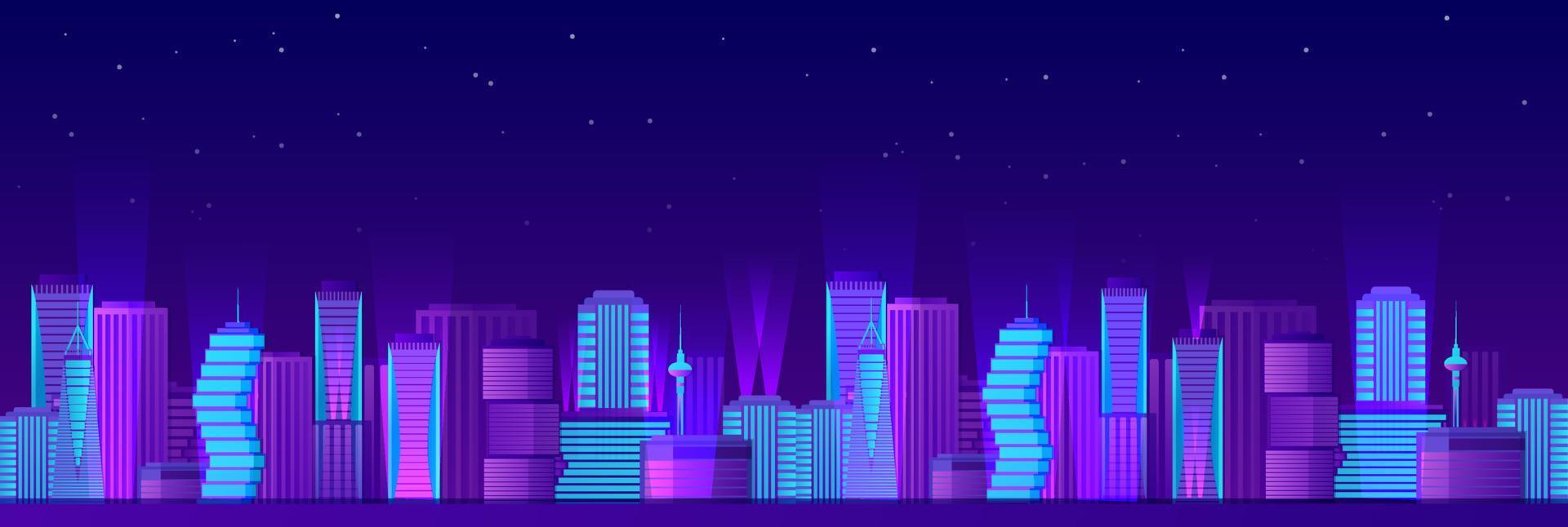 urbano neon notte paesaggio. luminosa viola grattacieli con blu leggero su sfondo di buio stellato vettore cielo.