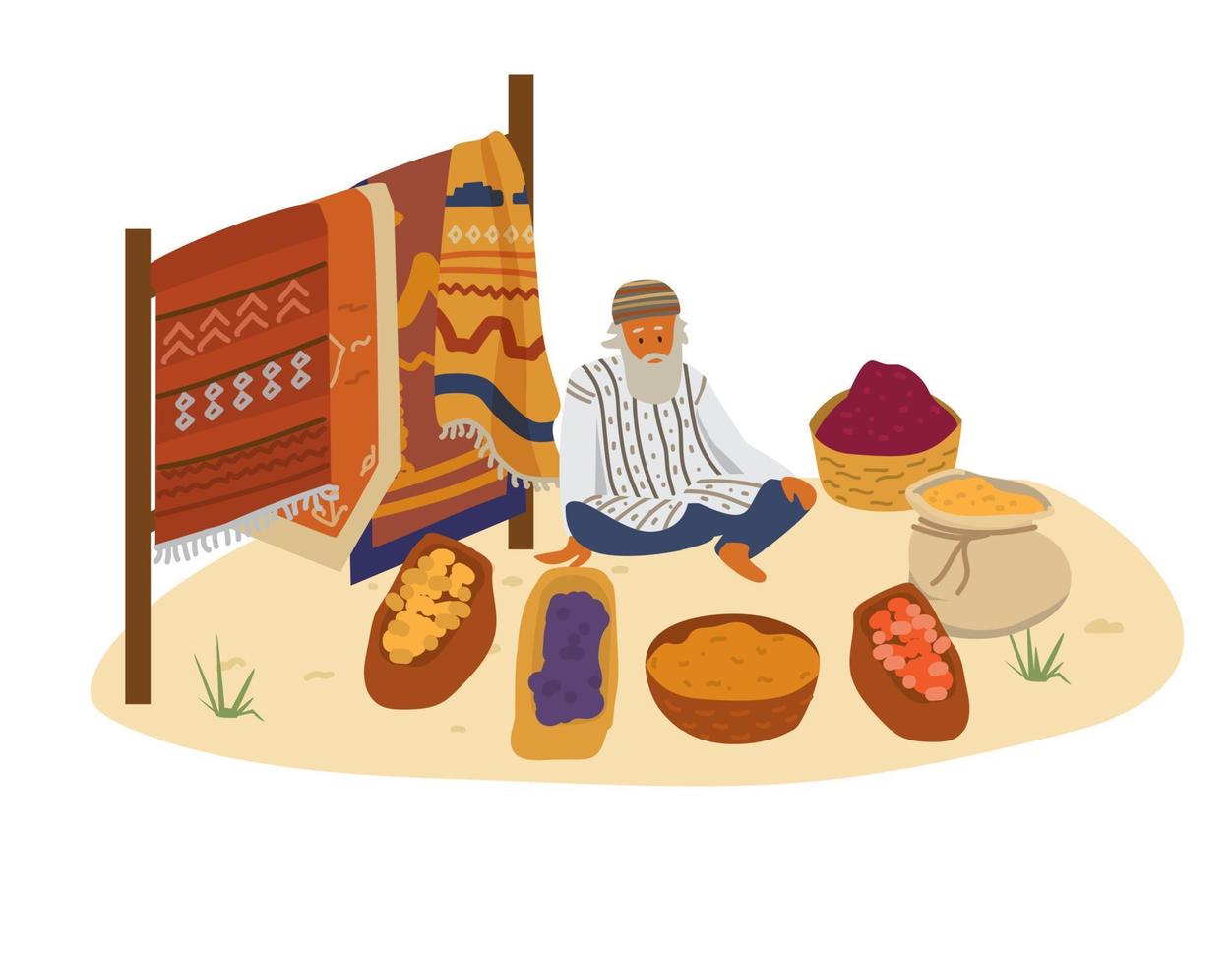 anziano barbuto Arabo venditore di tappeti, spezie, secco frutta e noccioline seduta su sabbia. mezzo orientale carattere. piatto vettore illustrazione.