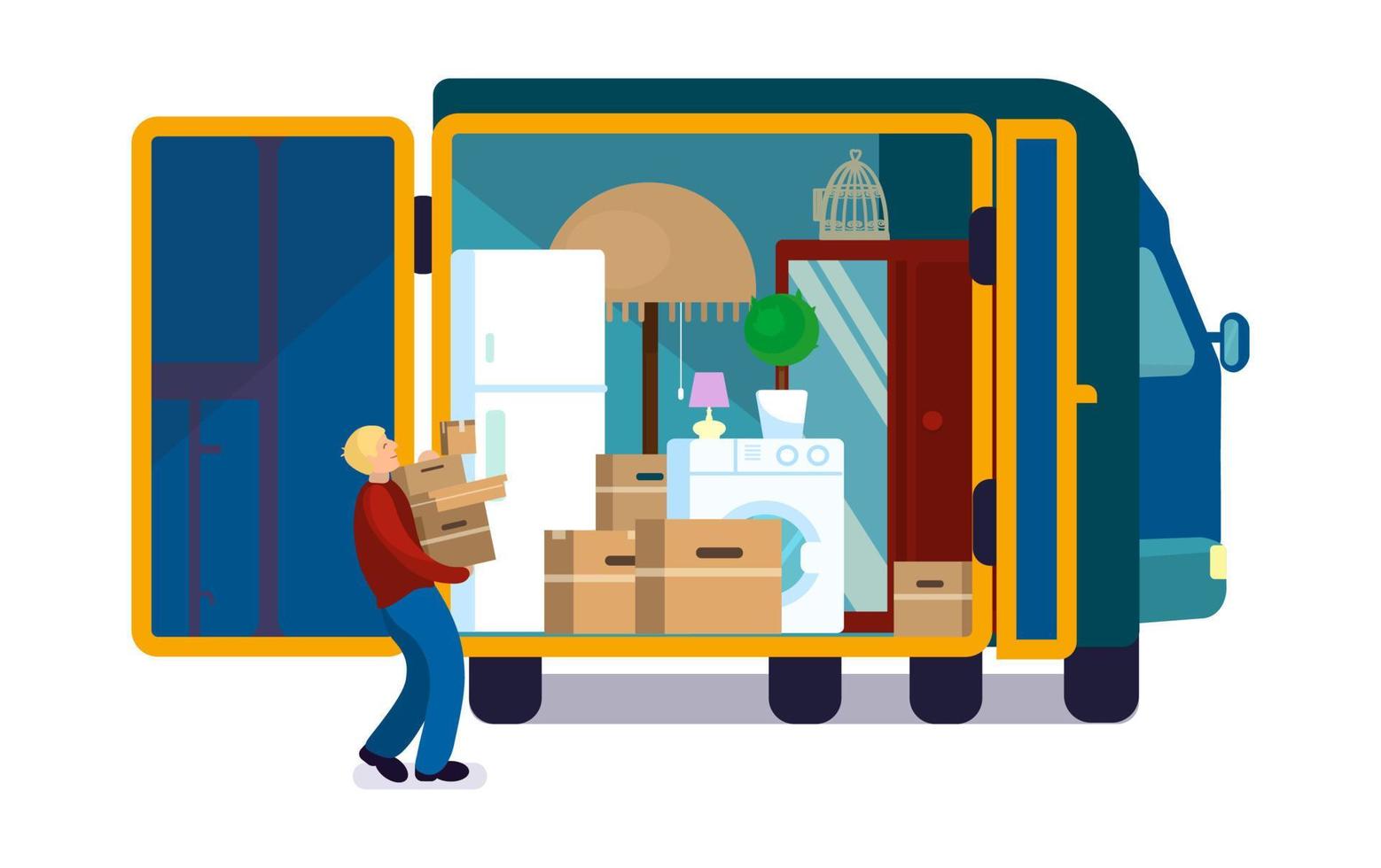 uomo trasporto scatole per in movimento camion pieno di mobilia e scatole. dentro in movimento camion. piatto vettore illustrazione.