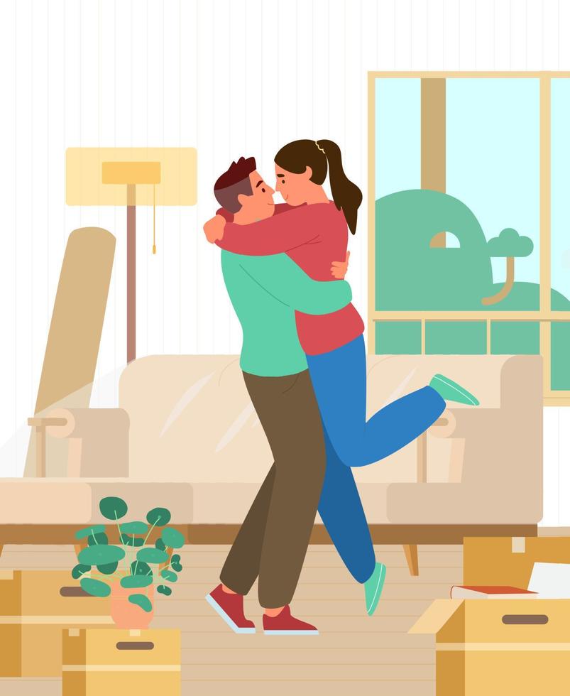 contento giovane coppia appena mosso in nuovo Casa abbracciare tra disimballato scatole e mobilia piatto vettore illustrazione.