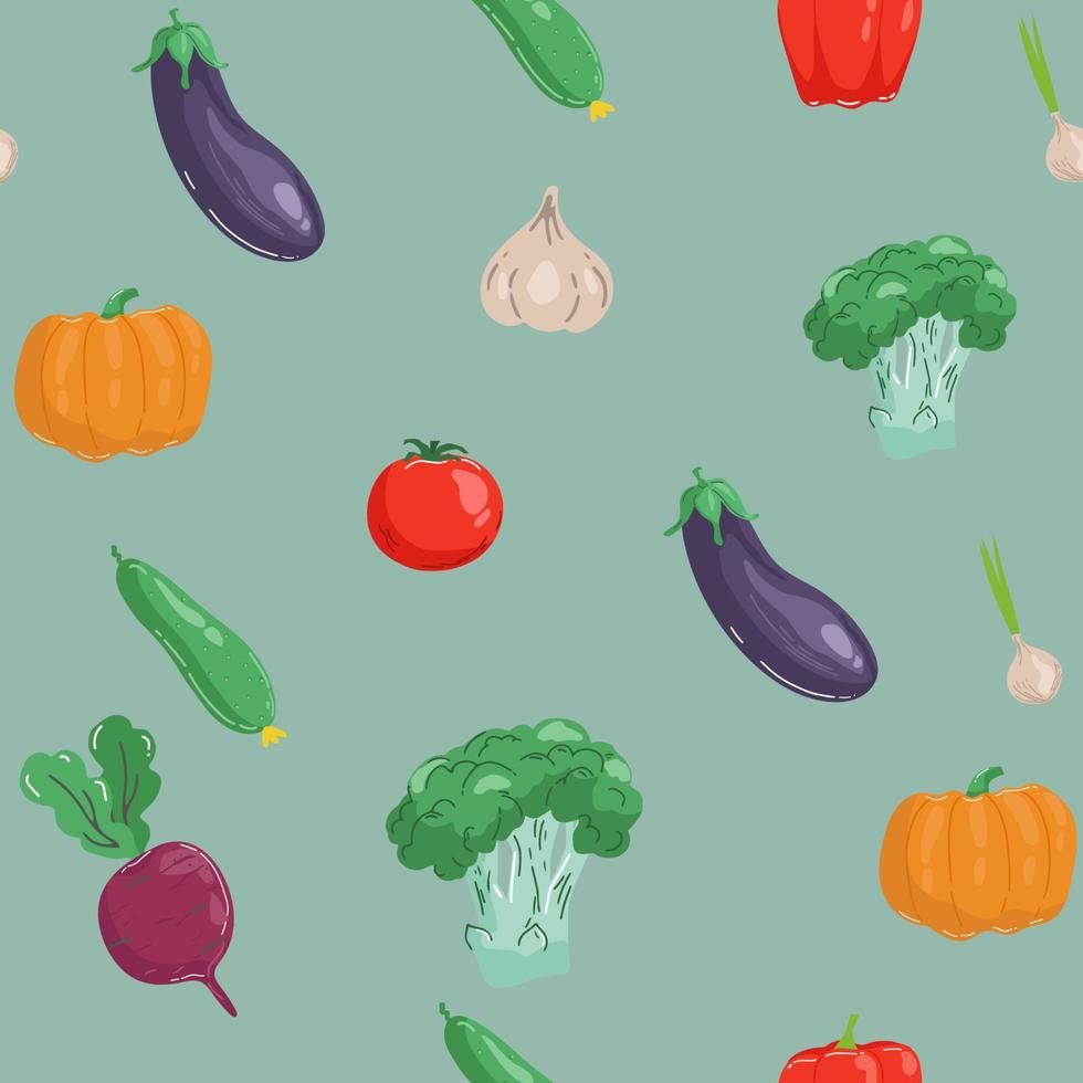 senza soluzione di continuità modello con mano disegnato colorato verdure. schizzo stile vettore impostare. verdure piatto icone impostato cetriolo, carota, cipolla, pomodoro.