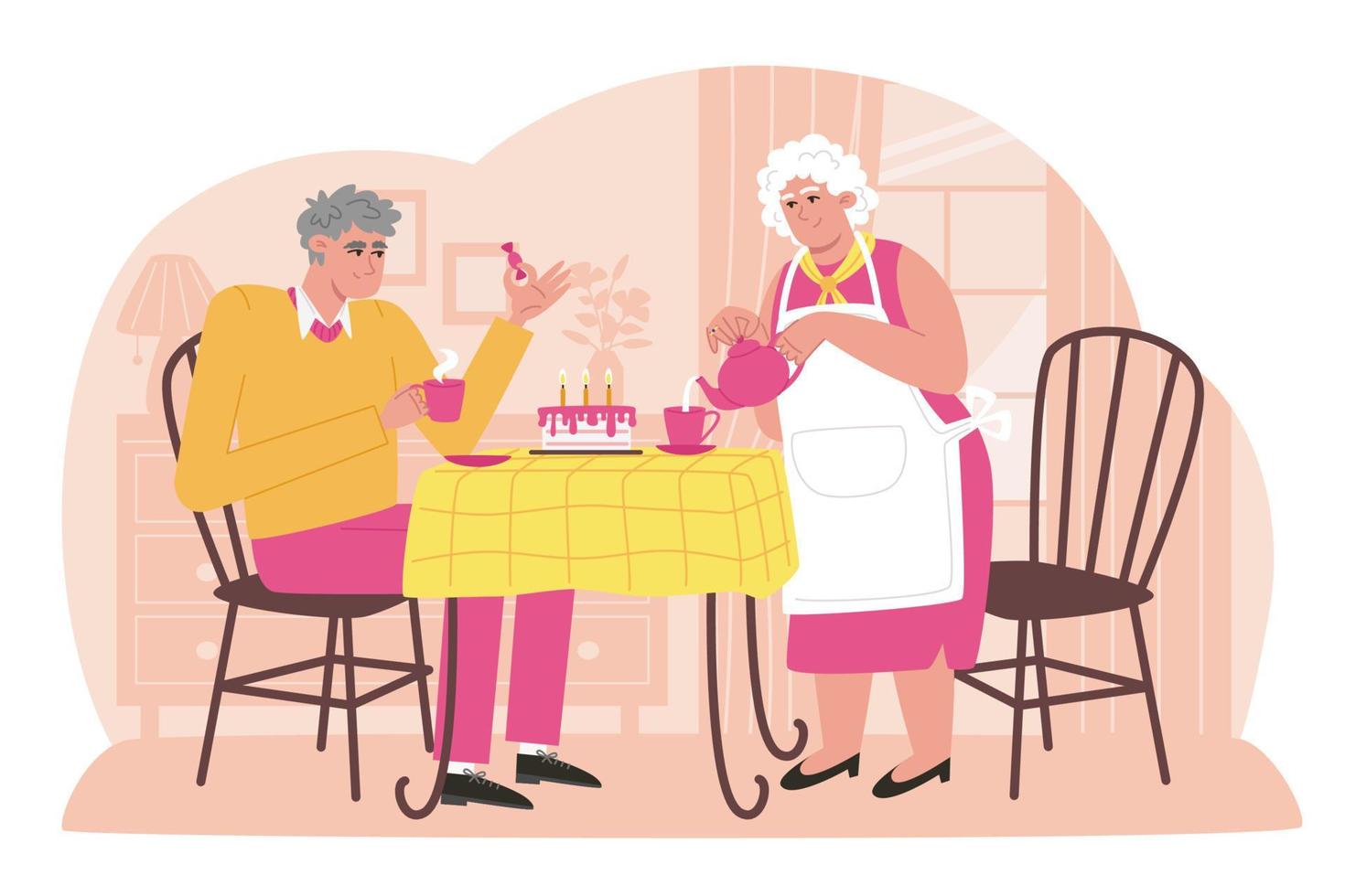 anziano genitori bevanda tè con torta nel un' accogliente casa vettore