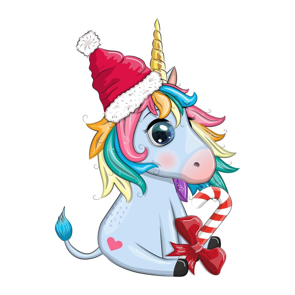 carino cartone animato unicorno nel Santa cappello con regalo, Natale sfera, caramella kane. nuovo anno e Natale vacanza vettore