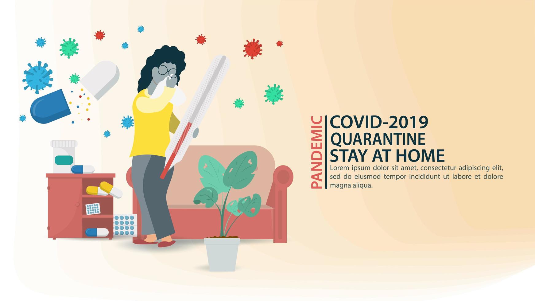 coronavirus prevenzione pandemia e banner rimanere a casa vettore