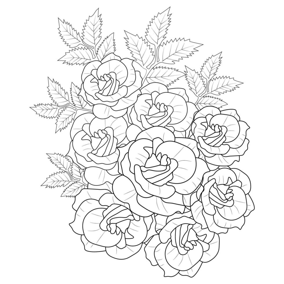 adulto colorazione libro pagina di rosa rosa illustrazione con le foglie e matita schizzo disegno vettore