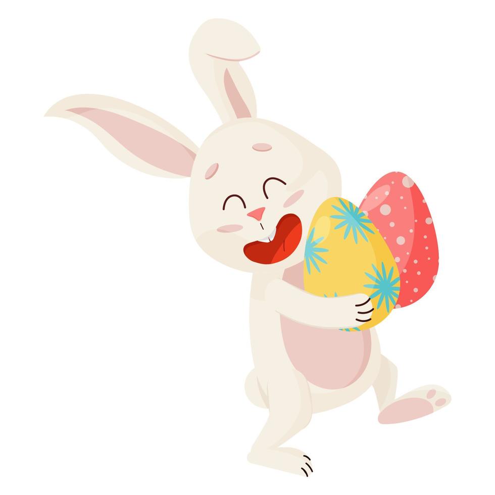 coniglietto carattere. ridendo divertente, contento Pasqua cartone animato coniglio con uova vettore