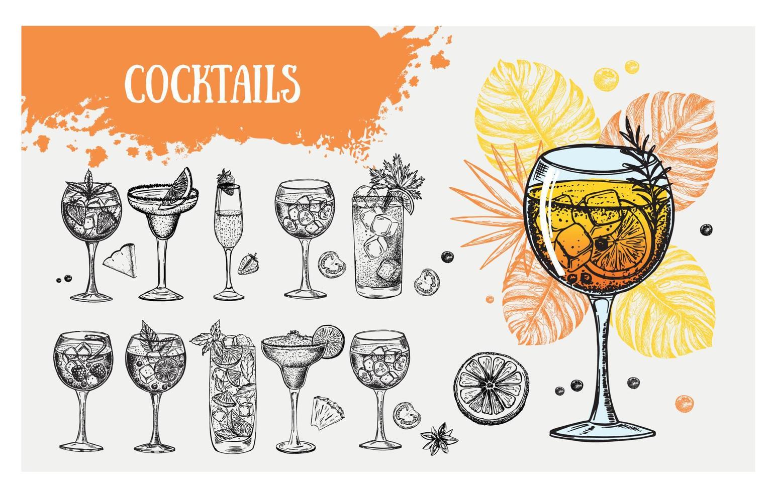 modello di progettazione del menu del cocktail. cocktail alcolici disegnati a mano. vettore