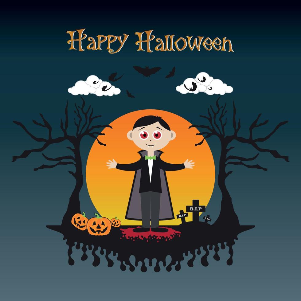 Halloween carino dracula personaggio zucca pipistrello spaventoso alberi con pieno chiaro di luna ombra illustrazione vettore