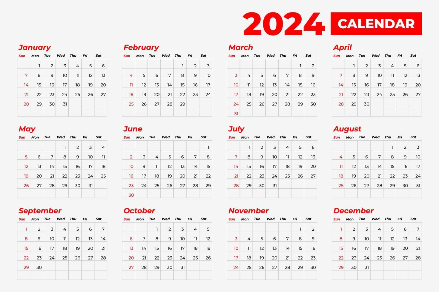 2024 calendario modello, modificabile vettore