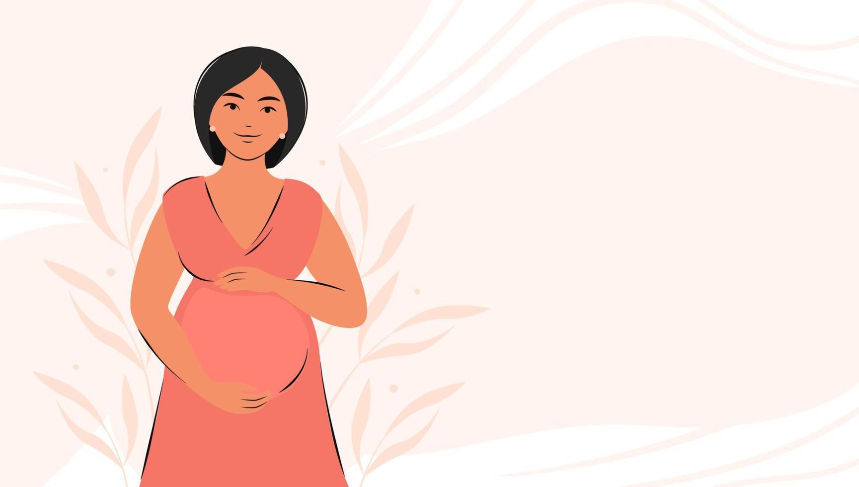 incinta asiatico donna, futuro mamma, abbracciare pancia con braccia. bandiera di gravidanza e maternità con posto per testo. vettore illustrazione.