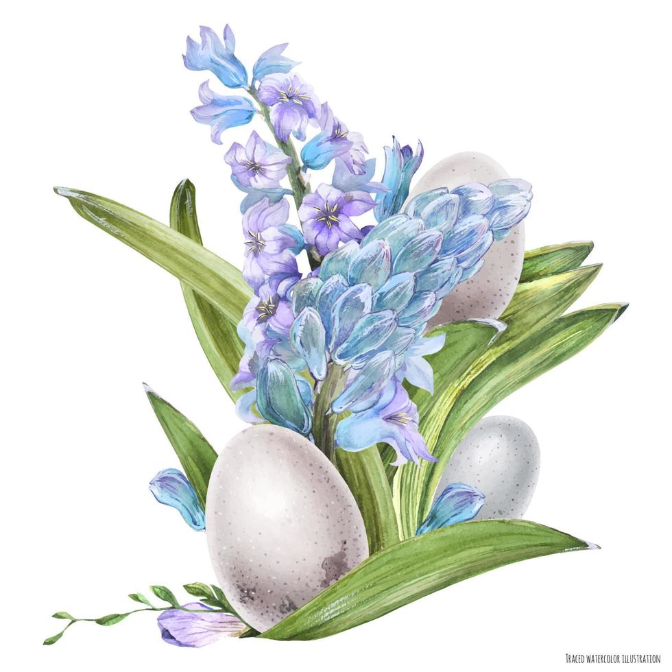 bouquet acquerello di Pasqua con fiori di giacinto e uova di uccelli vettore