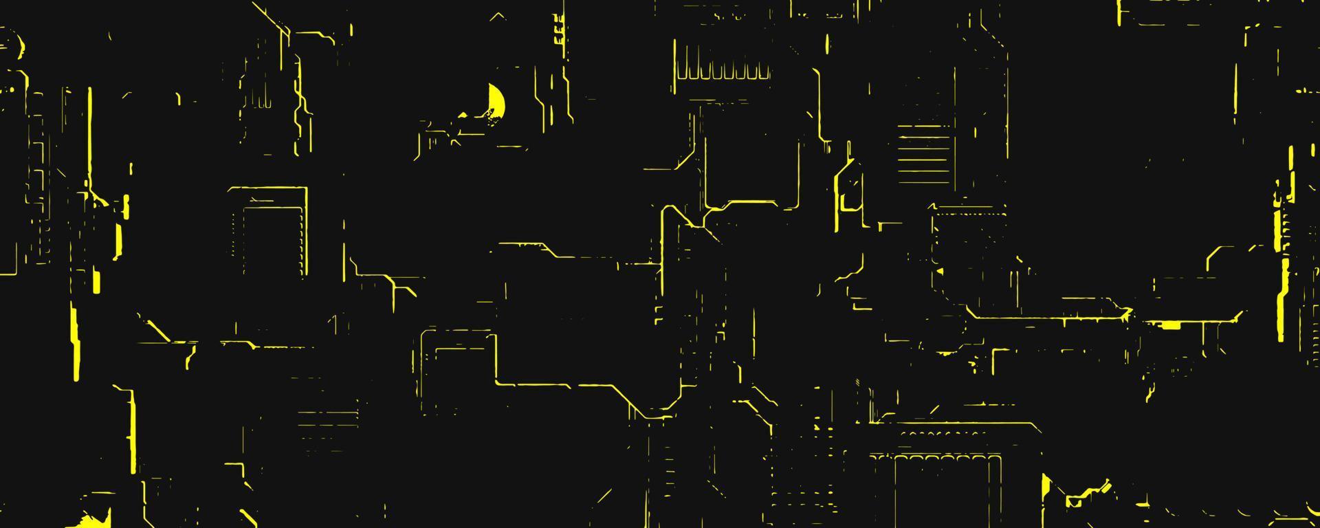 d'oro informatica Linee su buio sfondo. giallo raggiante strisce con techno tracce patatine fritte e raffreddamento radiatori. elettronico dispositivo per Ingresso Attivazione e vettore protezione